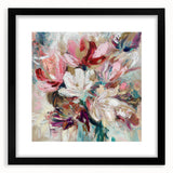 Abstract floral frame with a black mat, showcasing vibrant colors and intricate patterns, perfect for modern home decor or as a statement piece in a gallery wall. Ideal for adding a touch of elegance to any living space.
