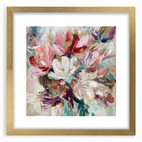 Abstract floral artwork framed in gold, showcasing vibrant colors and intricate designs, ideal for enhancing home decor and adding elegance to any space.