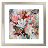Abstract floral artwork framed in silver, showcasing vibrant colors and intricate designs, ideal for modern home decor. Perfect for adding a stylish touch to any room.