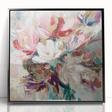 Framed black acrylic artwork showcasing a vibrant abstract floral design with bold colors and intricate details, ideal for modern home decor.