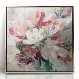Framed abstract floral artwork with a gold-accented acrylic finish, showcasing vibrant colors and intricate details, perfect for modern home decor.