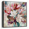 Framed canvas artwork featuring an abstract floral design in vibrant colors, set against a sleek black frame, ideal for modern home decor. Perfect for adding a touch of elegance and creativity to any living space or office.