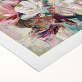 Vibrant rolled canvas showcasing an abstract floral design with bold colors and intricate patterns, ideal for modern home decor, protected in a durable tube.