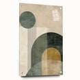 Abstract minimalist wall art displayed in an acrylic glass frame, showcasing soft pastel colors and geometric shapes, mounted with decorative pins for modern decor.
