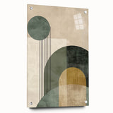 Abstract minimalist wall art displayed in an acrylic glass frame, showcasing soft pastel colors and geometric shapes, mounted with decorative pins for modern decor.