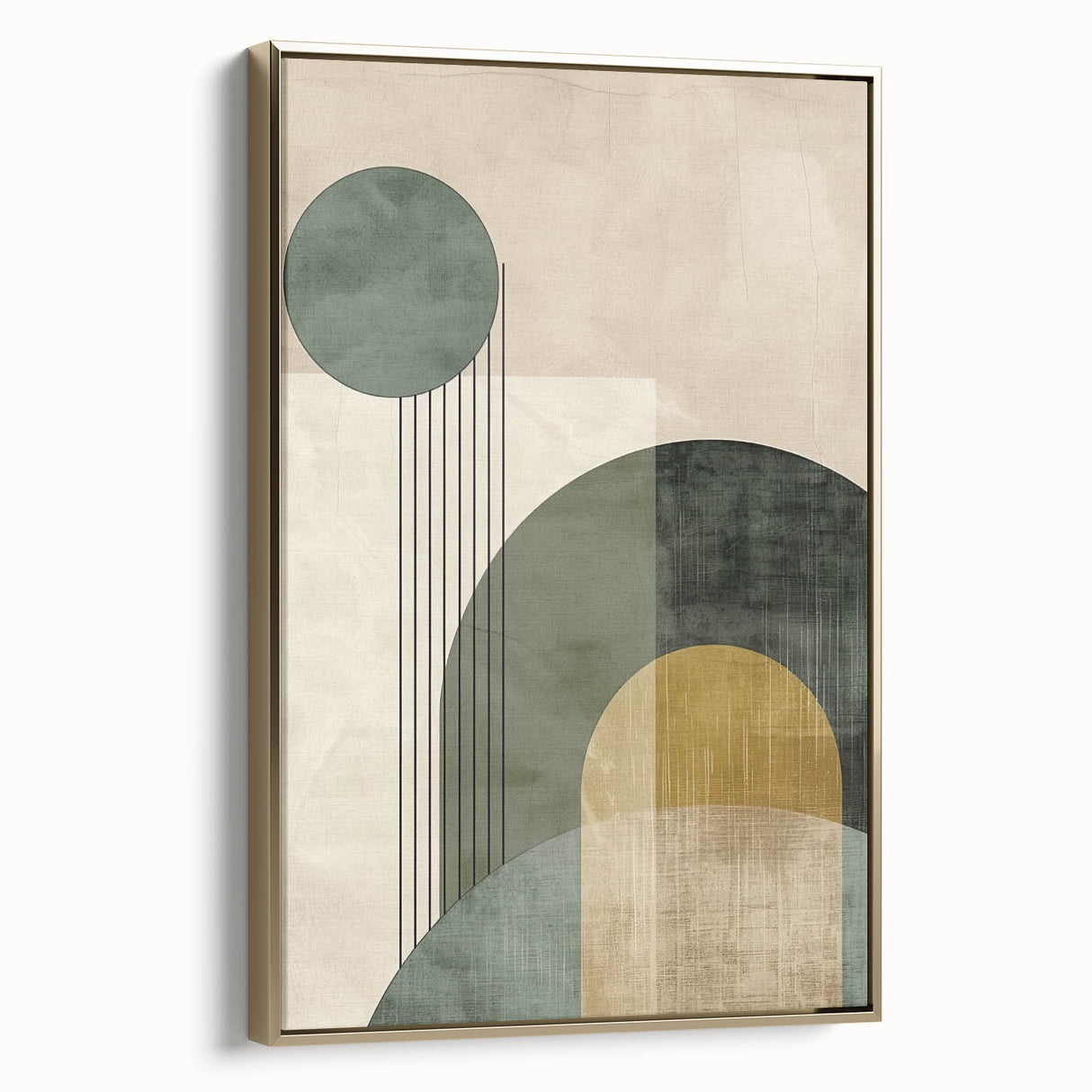 Abstract minimalist wall art featuring a gold and white design, elegantly framed, showcasing a sleek side view that enhances modern decor aesthetics. Perfect for contemporary interiors.