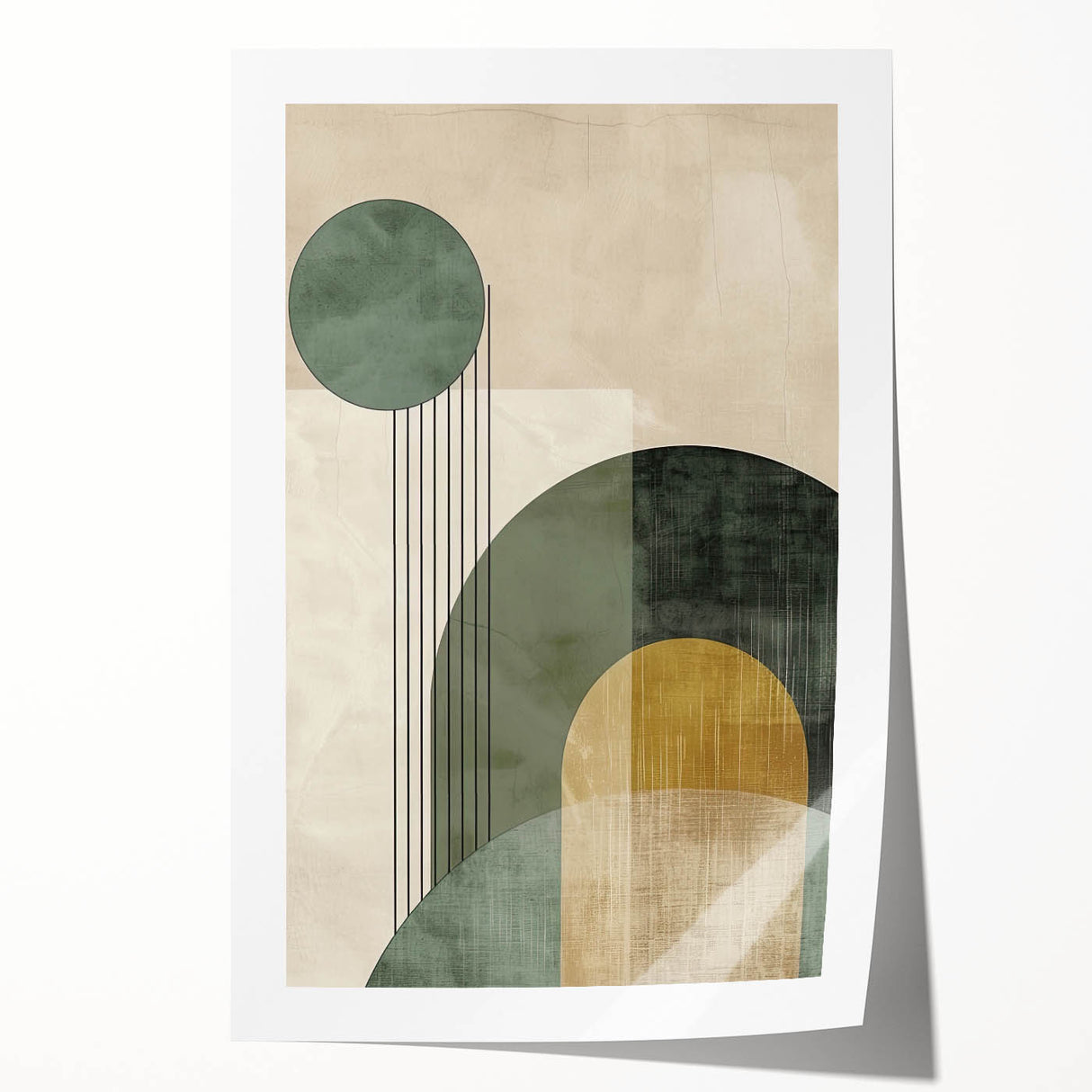 Abstract minimalist wall art print featuring soft pastel colors and geometric shapes, elegantly rolled for easy display, perfect for modern home decor.