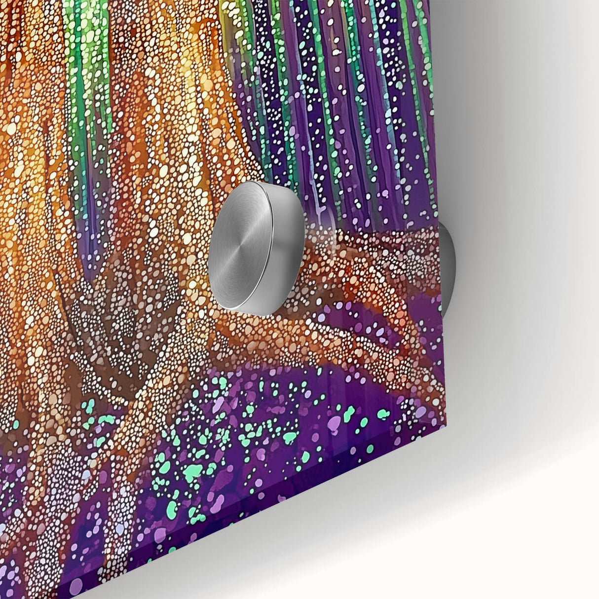 Close-up of a vibrant acrylic glass artwork showcasing abstract floral designs in bold colors, perfect for modern home decor and artistic displays.