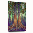 Abstract floral acrylic artwork displayed on a glass surface, showcasing vibrant colors and intricate patterns, secured with decorative pins for an elegant presentation.