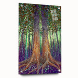 Abstract floral acrylic artwork displayed on a glass surface, showcasing vibrant colors and intricate patterns, secured with decorative pins for an elegant presentation.