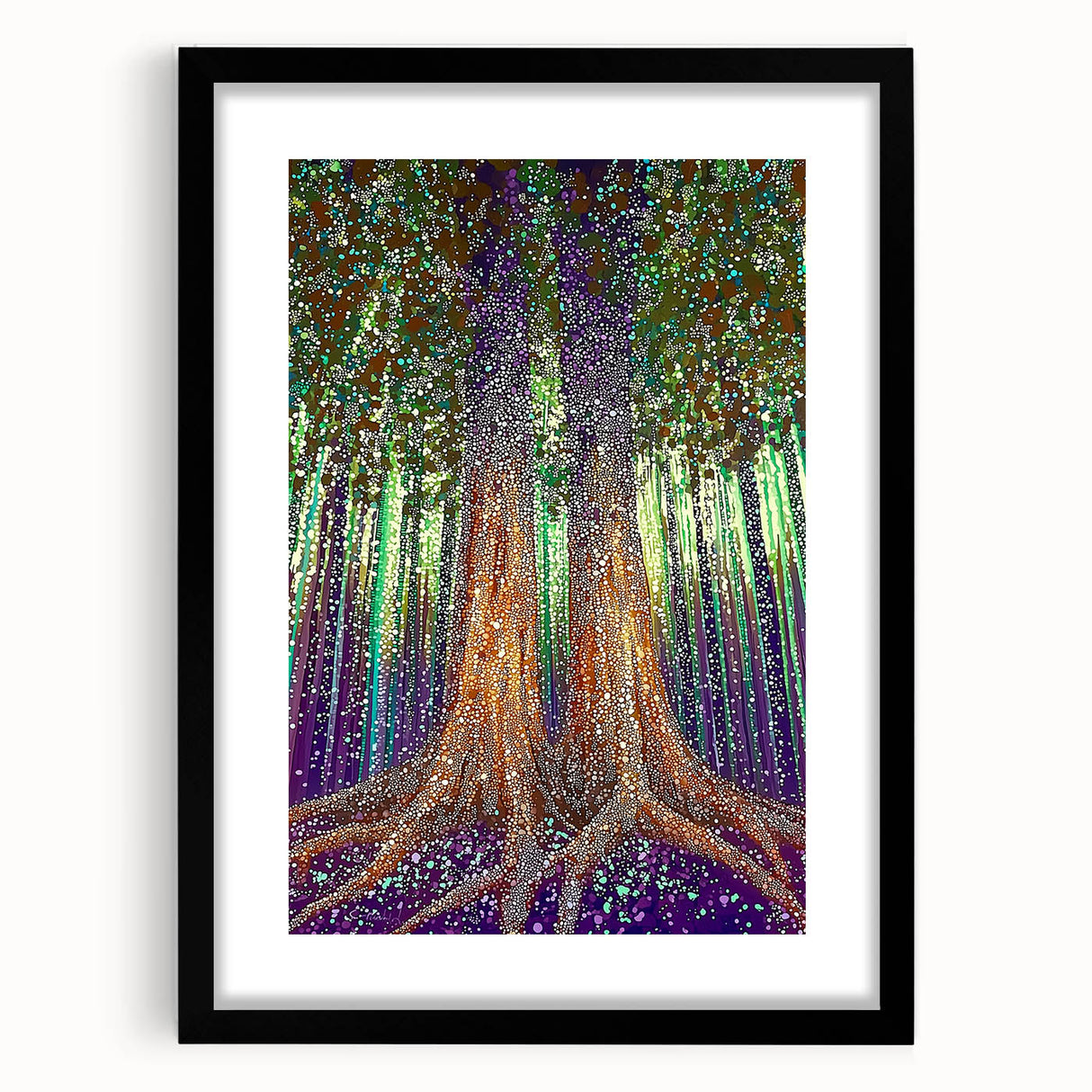 Abstract floral frame artwork in a black mat, showcasing vibrant colors and intricate designs, perfect for modern home decor or gallery displays.