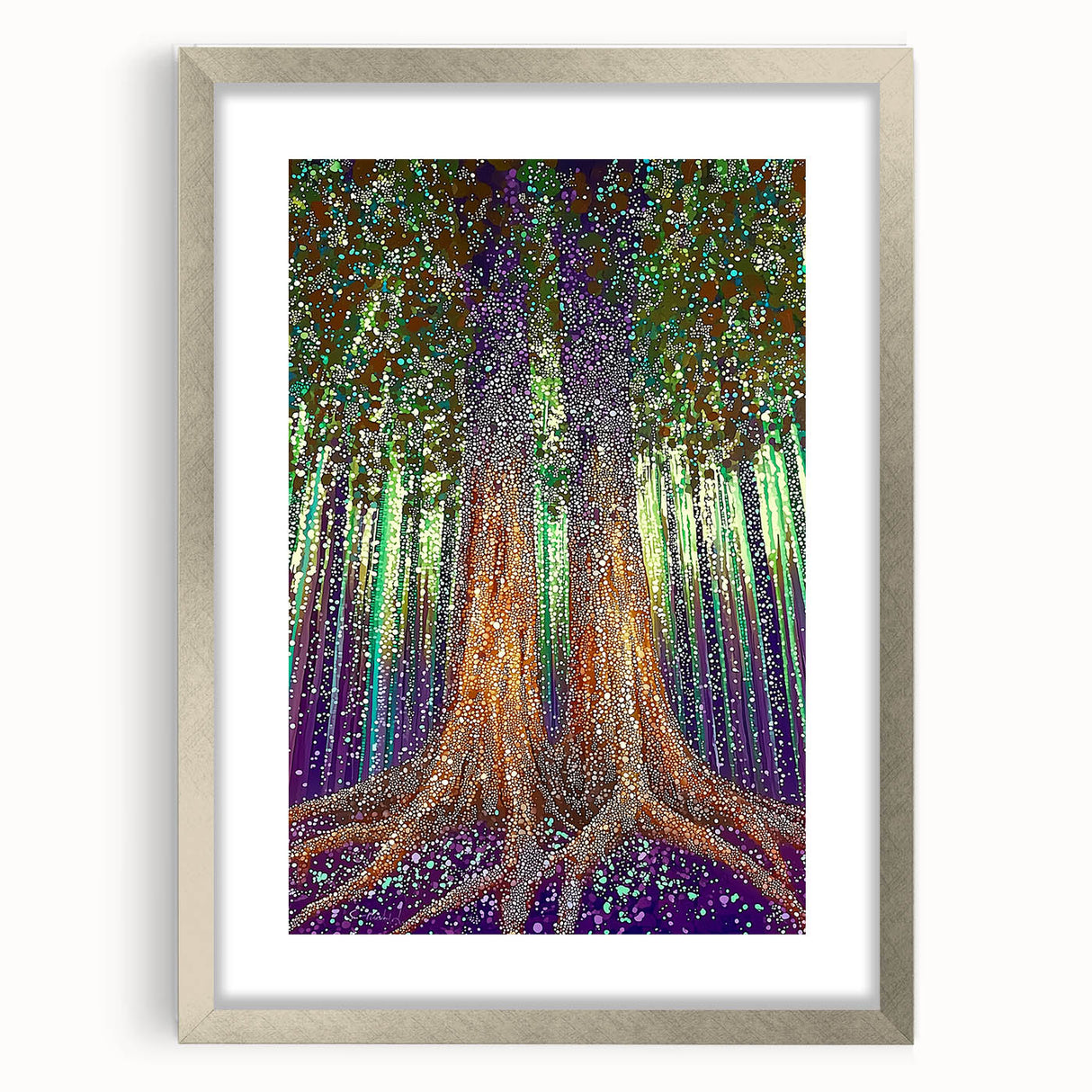 Abstract floral design framed in silver, showcasing vibrant colors and intricate patterns, ideal for modern home decor. Perfect for adding elegance to any room.