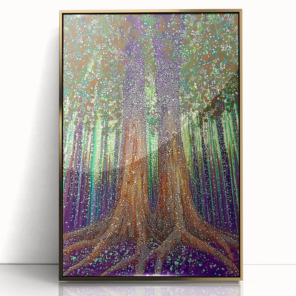Framed acrylic artwork showcasing abstract floral designs in vibrant colors, highlighted by a sleek gold frame, perfect for modern home decor.