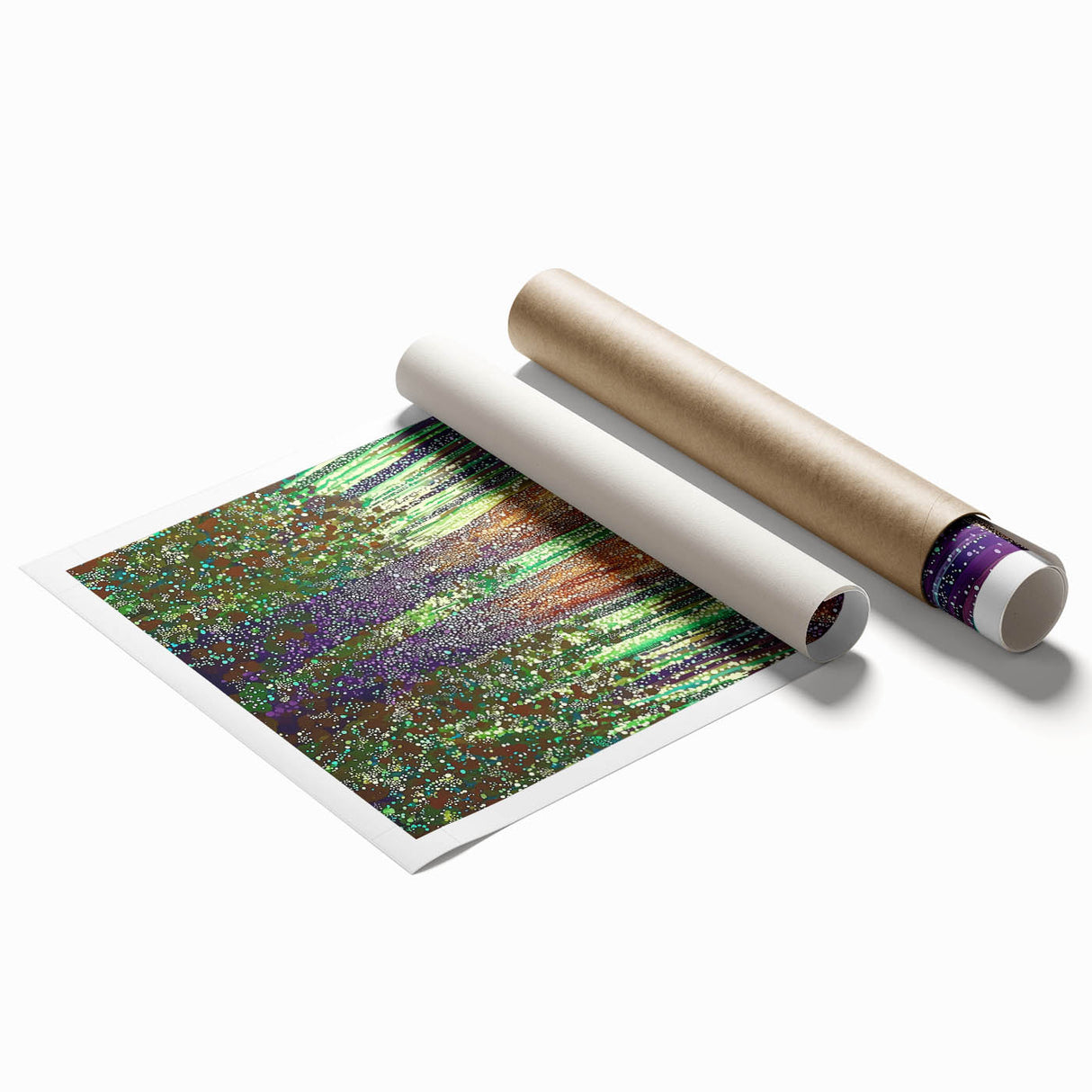 Abstract floral design rolled print showcasing vibrant colors and intricate patterns, perfect for modern home decor. Packaged securely in a cardboard tube for safe shipping.