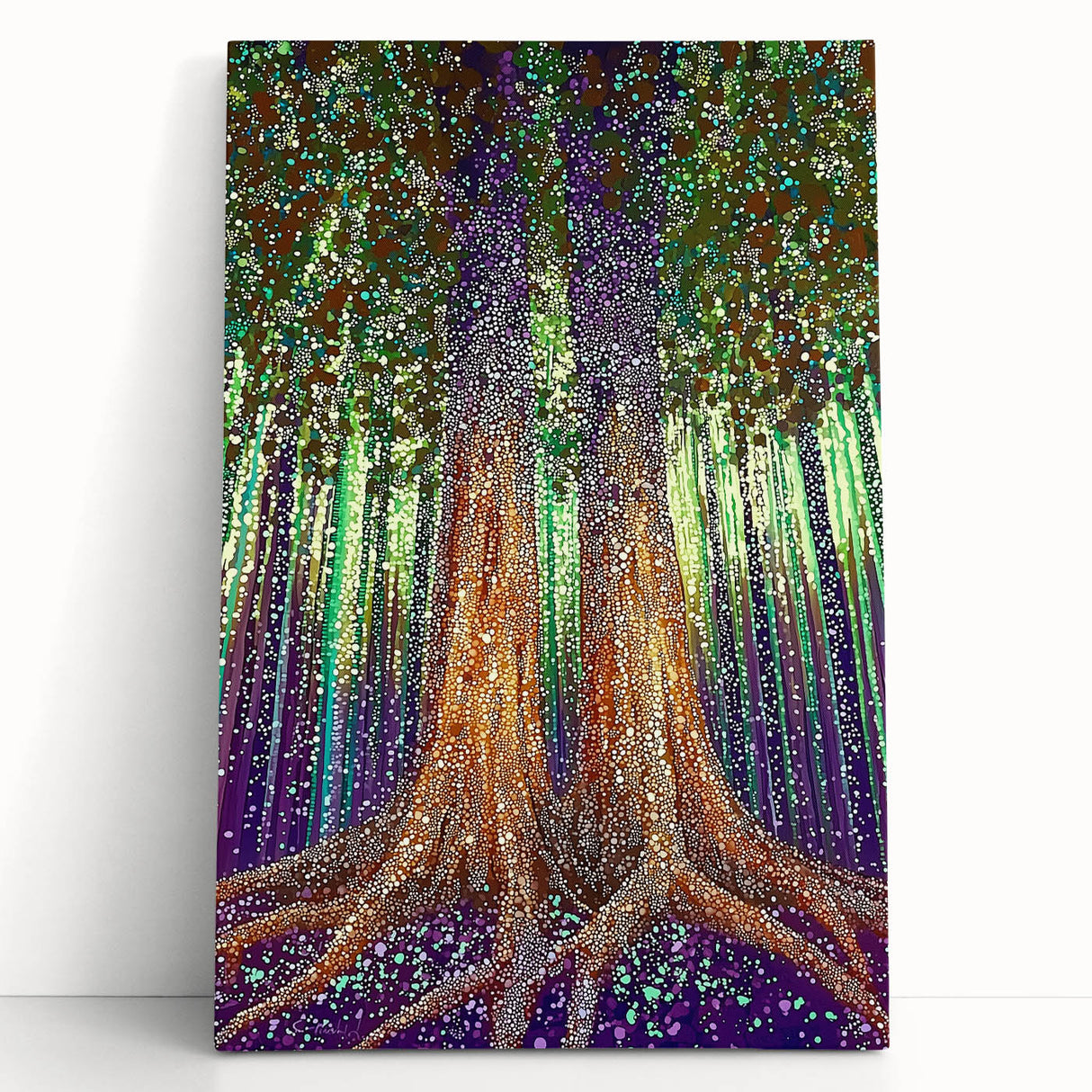 Abstract floral canvas art displaying vibrant, colorful blooms in a modern design, elegantly leaning against a neutral wall, perfect for home decor enhancement.