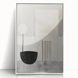 Framed abstract minimalist wall art in a sleek white frame, showcasing a vibrant geometric design with bold colors, perfect for modern home decor.