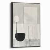 Framed abstract minimalist wall art featuring a black and white design, showcased from a side view. Ideal for modern home decor, enhancing artistic spaces.