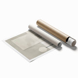 Abstract minimalist wall art print showcasing soft pastel colors and geometric shapes, elegantly rolled and packaged in a protective cardboard tube for easy handling and display.