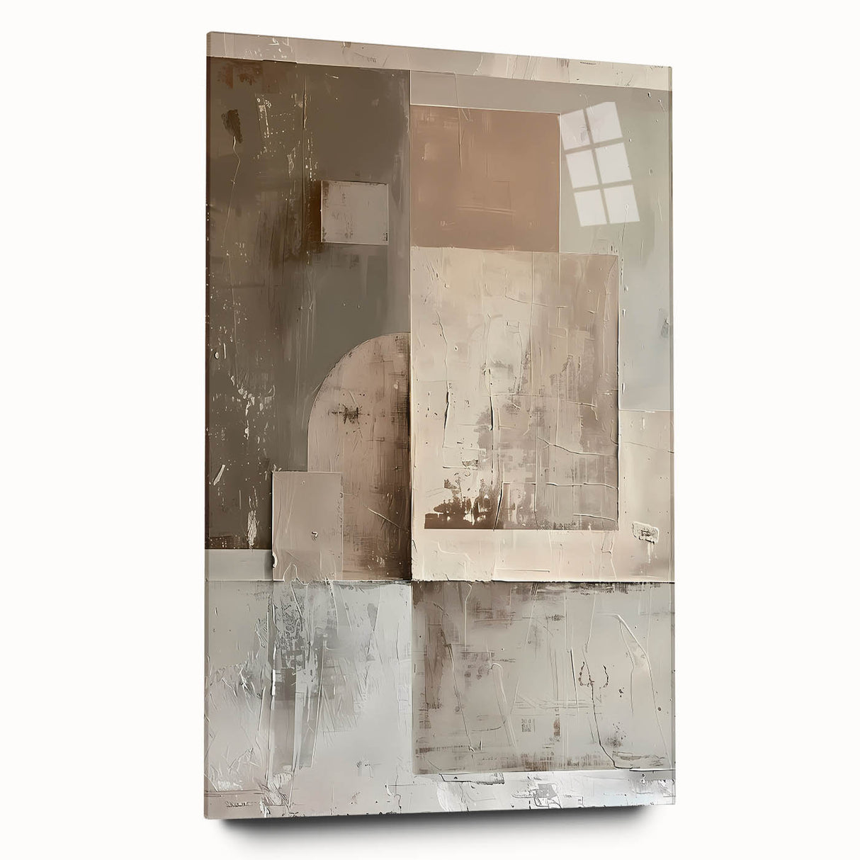 Abstract minimalist wall art displayed in a sleek acrylic frame, showcasing soft neutral colors and fluid shapes, perfect for modern home decor.