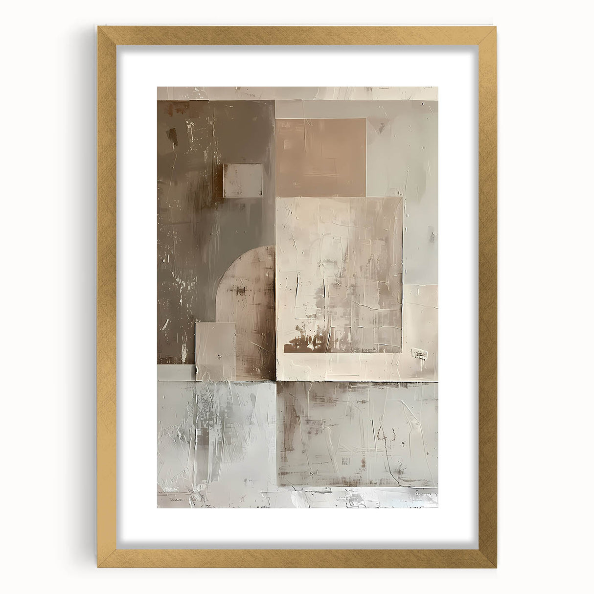 Abstract minimalist wall art framed in gold, featuring a geometric design with a soft color palette, perfect for modern home decor. Ideal for adding elegance to any living space.