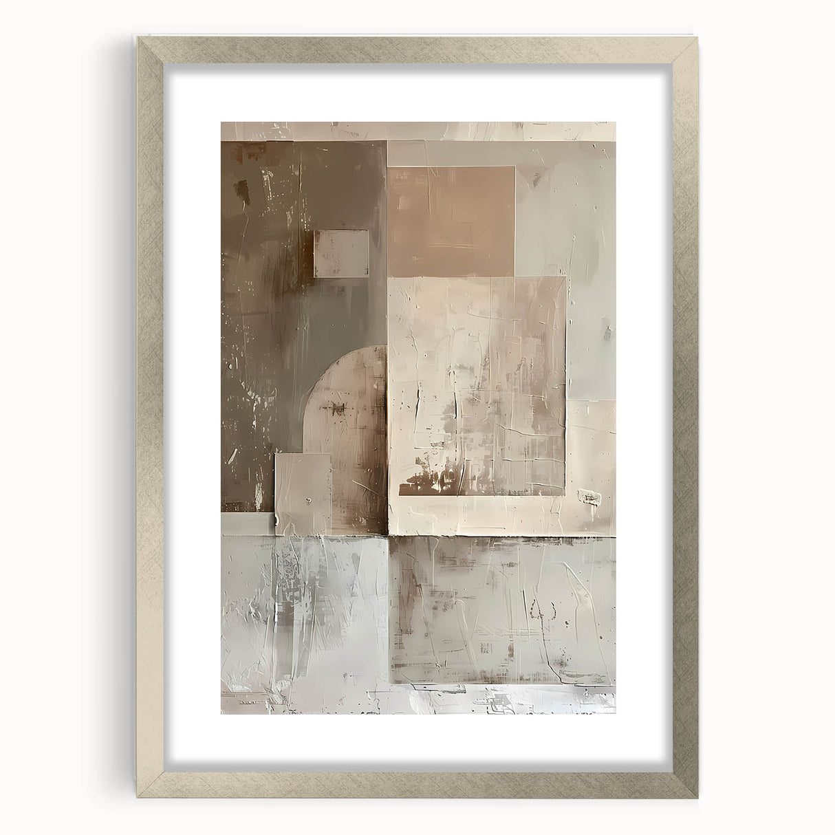 Abstract minimalist wall art framed in silver, featuring a soft white mat with subtle geometric patterns, perfect for modern home decor.