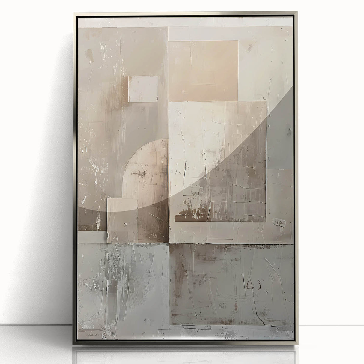Framed acrylic wall art featuring an abstract minimalist design with silver accents, showcasing a contemporary aesthetic ideal for modern home decor.