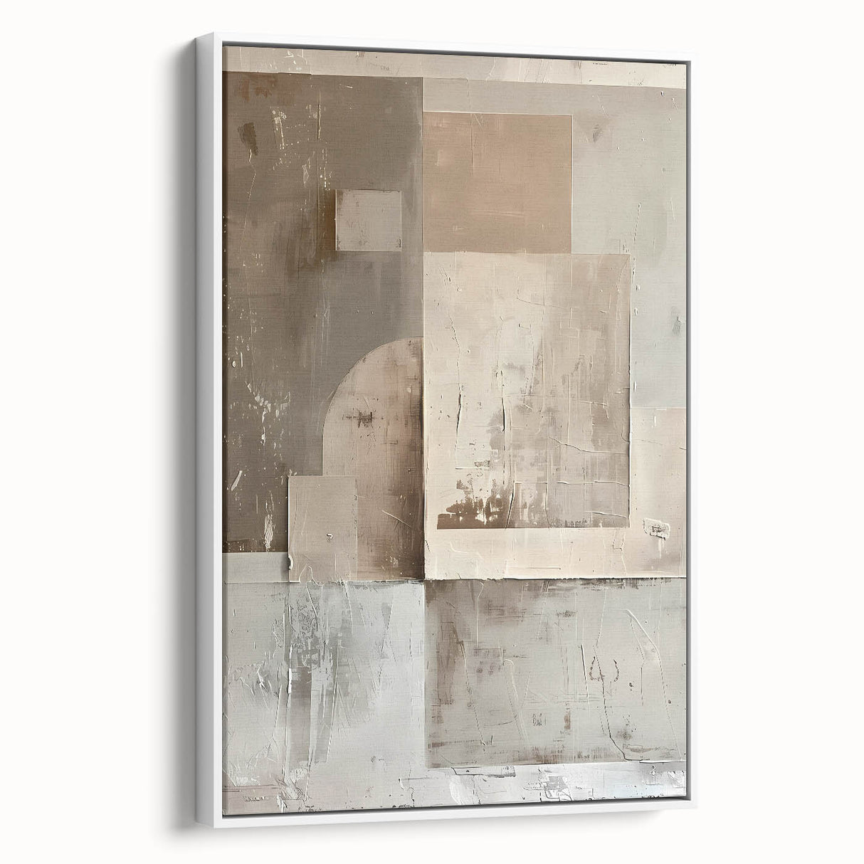 Abstract minimalist wall art framed canvas in a sleek white frame, showcasing soft, muted colors and geometric shapes, perfect for modern home decor.