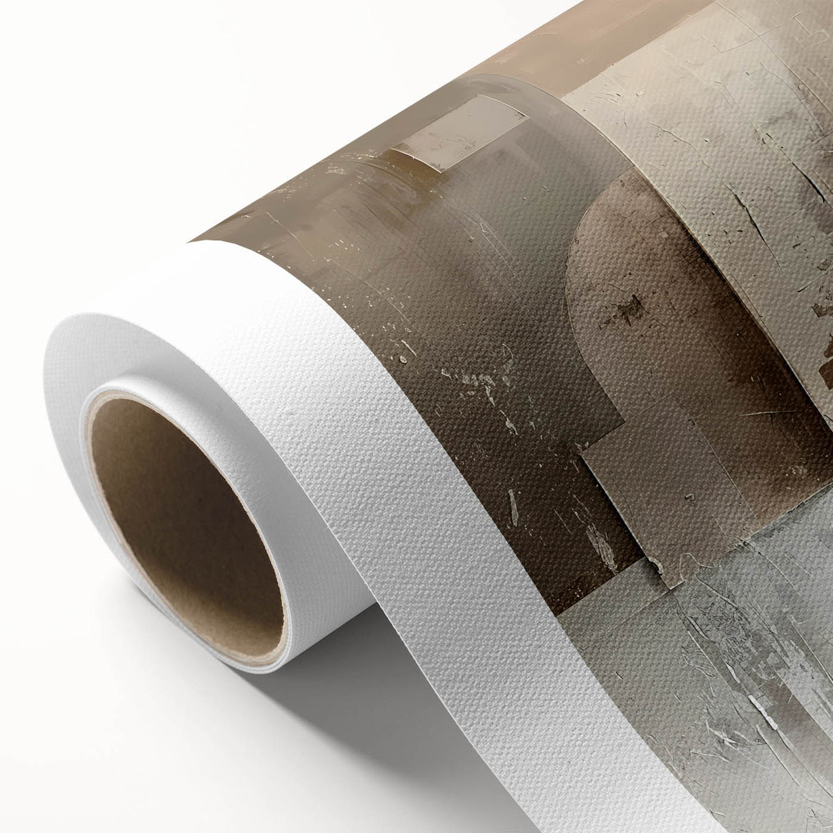 Abstract minimalist wall art on rolled canvas showcasing soft, muted colors and geometric shapes, elegantly packaged in a protective cardboard tube. Perfect for modern decor.