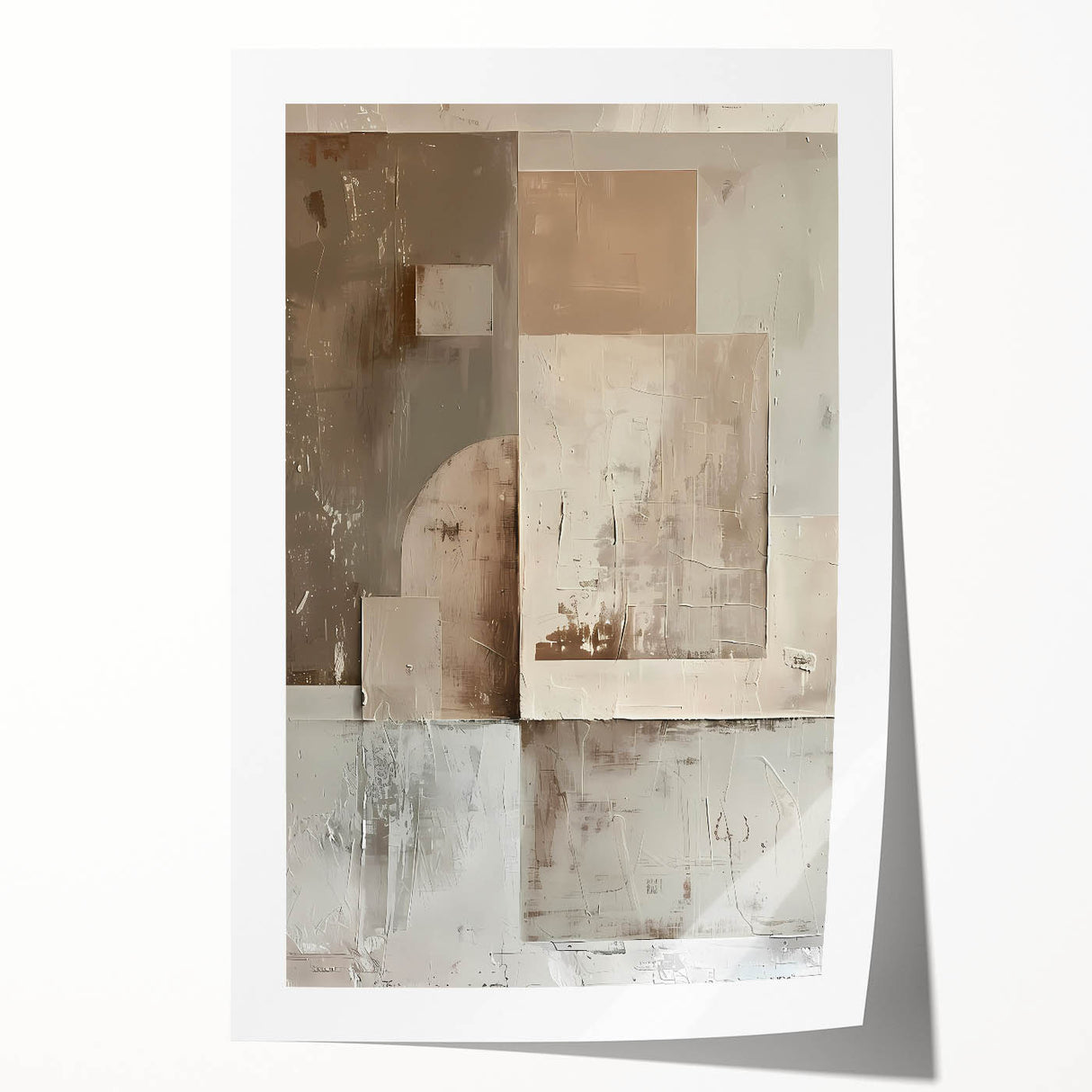 Abstract minimalist wall art print showcasing soft, muted colors and geometric shapes, elegantly rolled and ready for framing, perfect for modern decor.