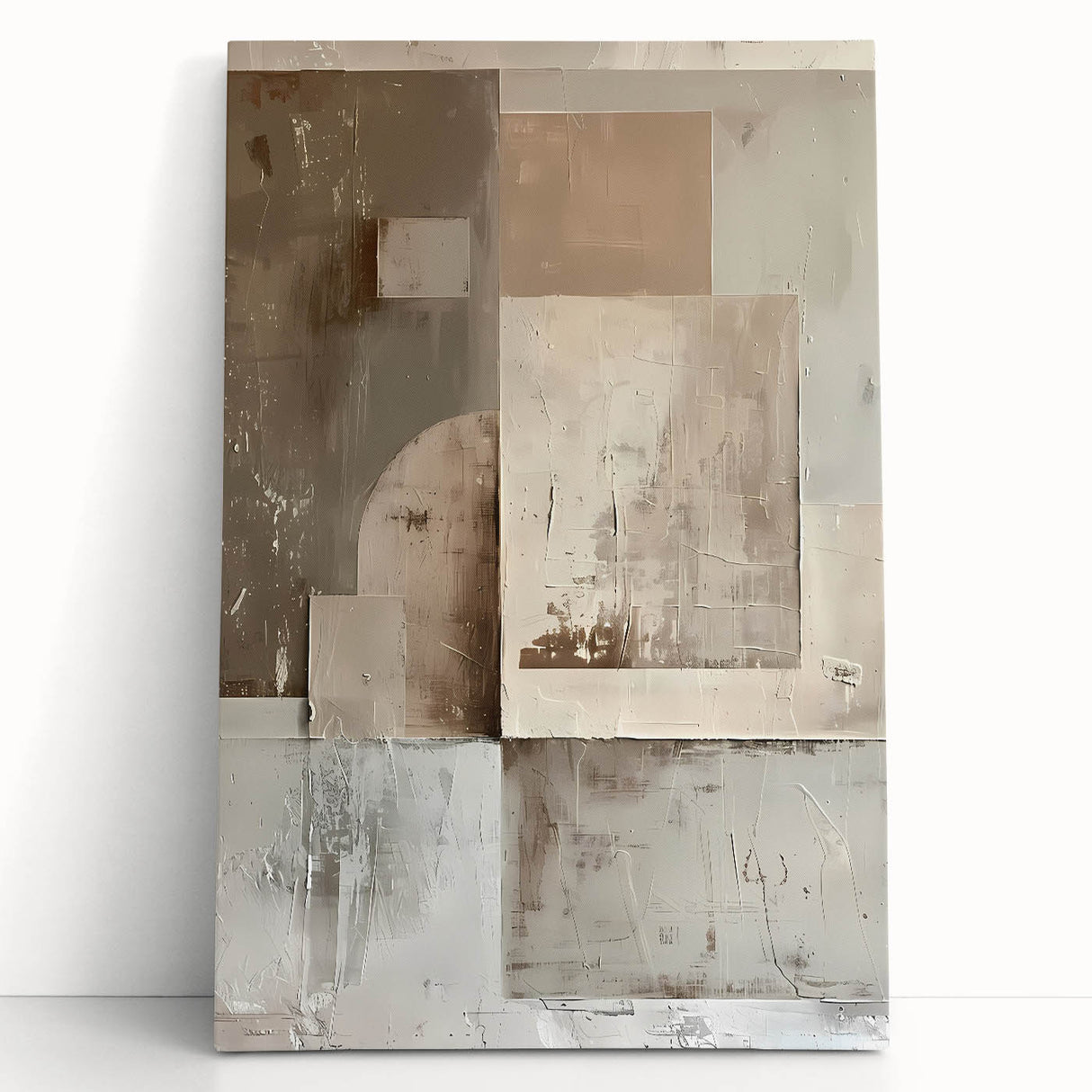 Abstract minimalist wall art on stretched canvas, featuring soft hues of blue and beige, elegantly leaning against a neutral backdrop, ideal for modern decor.