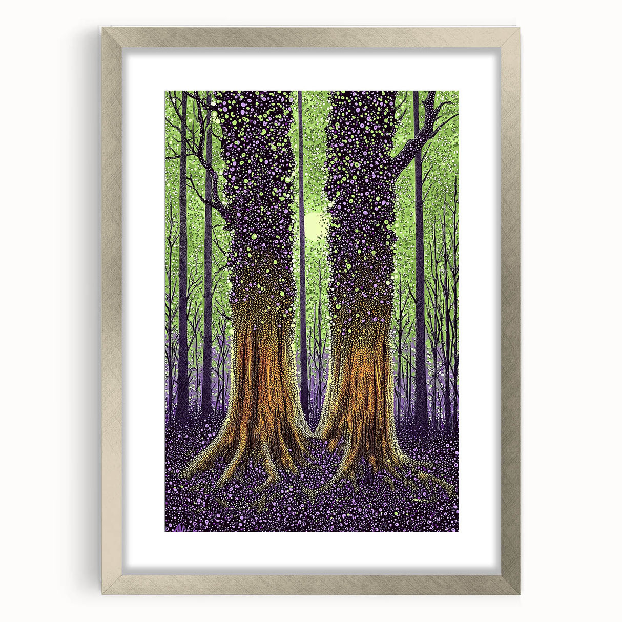 Abstract floral frame with a silver mat, showcasing vibrant colors and intricate designs, ideal for enhancing modern home decor or art collections.