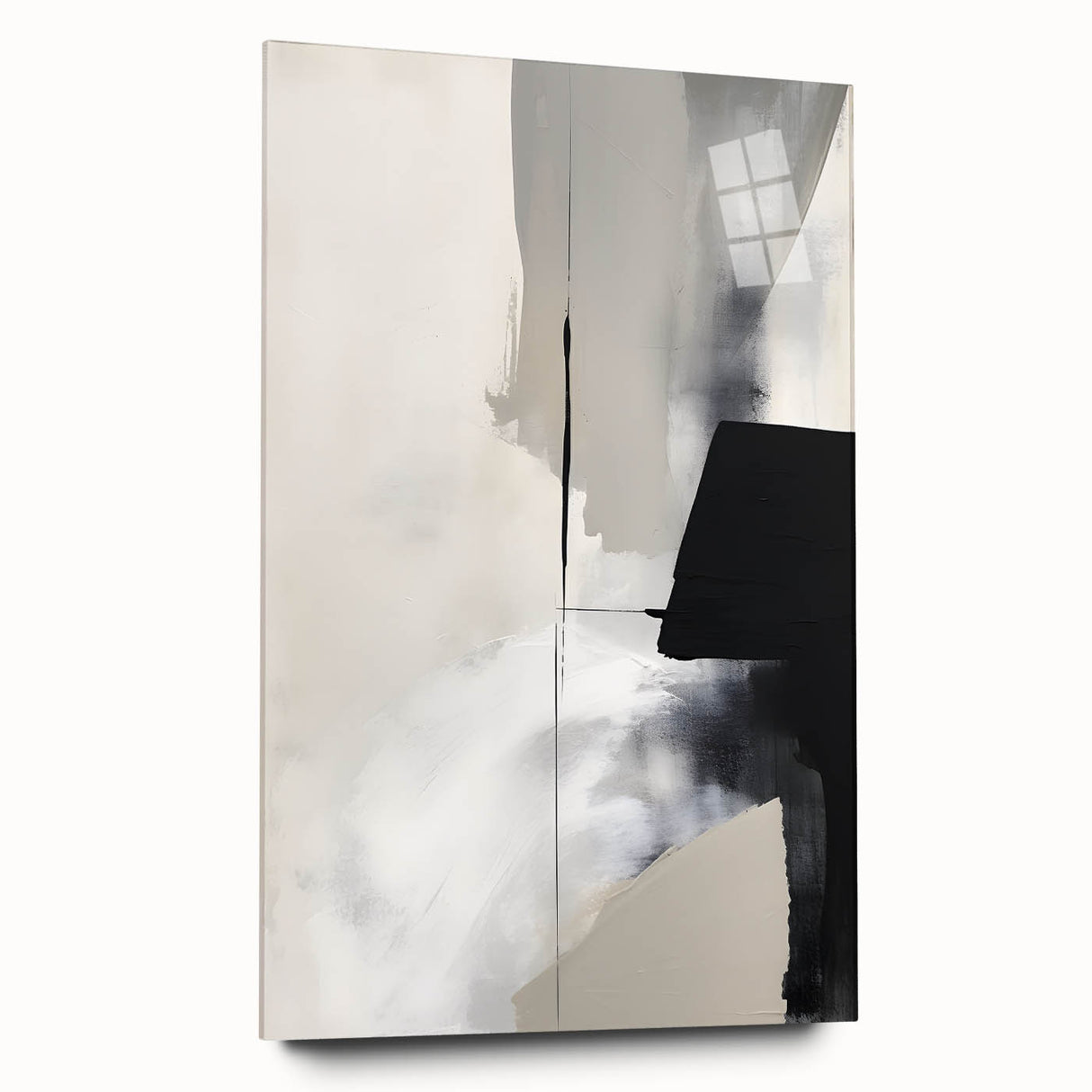 Abstract minimalist wall art displayed in a sleek acrylic glass frame, showcasing soft pastel colors and geometric patterns, adding a contemporary touch to any room.