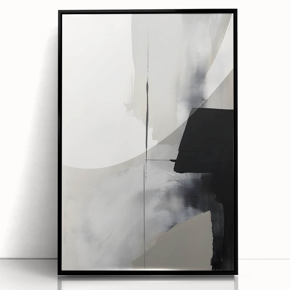 Framed minimalist abstract wall art featuring a black acrylic design, showcasing sleek lines and modern aesthetics, perfect for contemporary home decor.