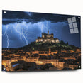 Acrylic glass artwork showcasing a stunning landscape featuring a majestic castle, displayed in a side view with decorative pins, perfect for enhancing home decor.