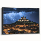 Framed canvas artwork depicting a picturesque landscape with a majestic castle surrounded by lush greenery, presented in a sleek black frame, ideal for home decor.
