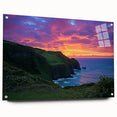 Acrylic landscape artwork of cliffs displayed in a sleek glass frame, showcasing vibrant colors and detailed textures, perfect for modern home decor.