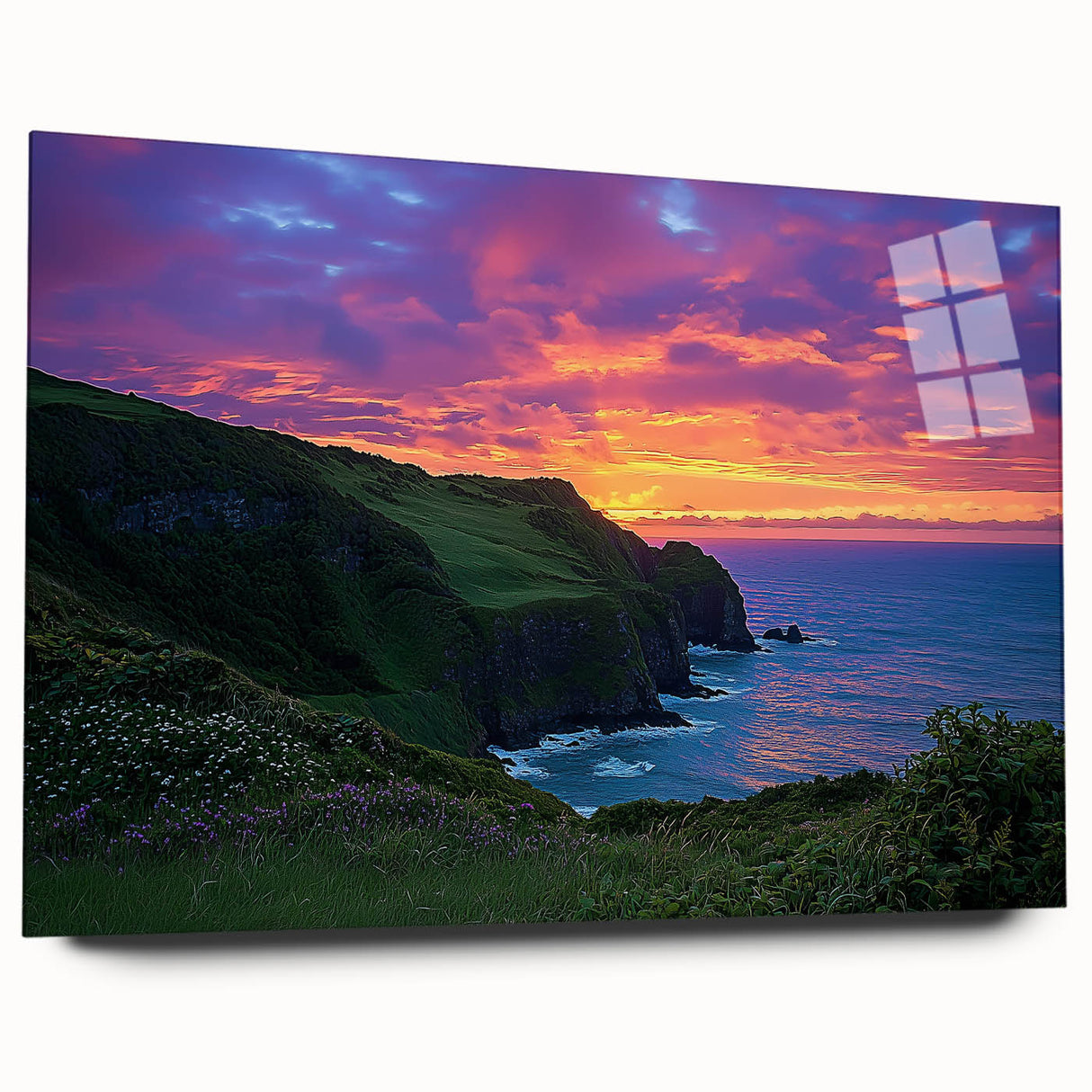Acrylic landscape artwork depicting dramatic cliffs in vibrant colors, displayed in a sleek glass frame from a side view, highlighting its modern aesthetic and artistic detail.