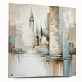 Abstract architectural wall art print displayed on acrylic glass, showcasing a modern design with geometric shapes and vibrant colors, mounted with pins for a contemporary look.