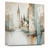 Abstract architectural wall art print displayed on acrylic glass, showcasing a modern design with geometric shapes and vibrant colors, mounted with pins for a contemporary look.