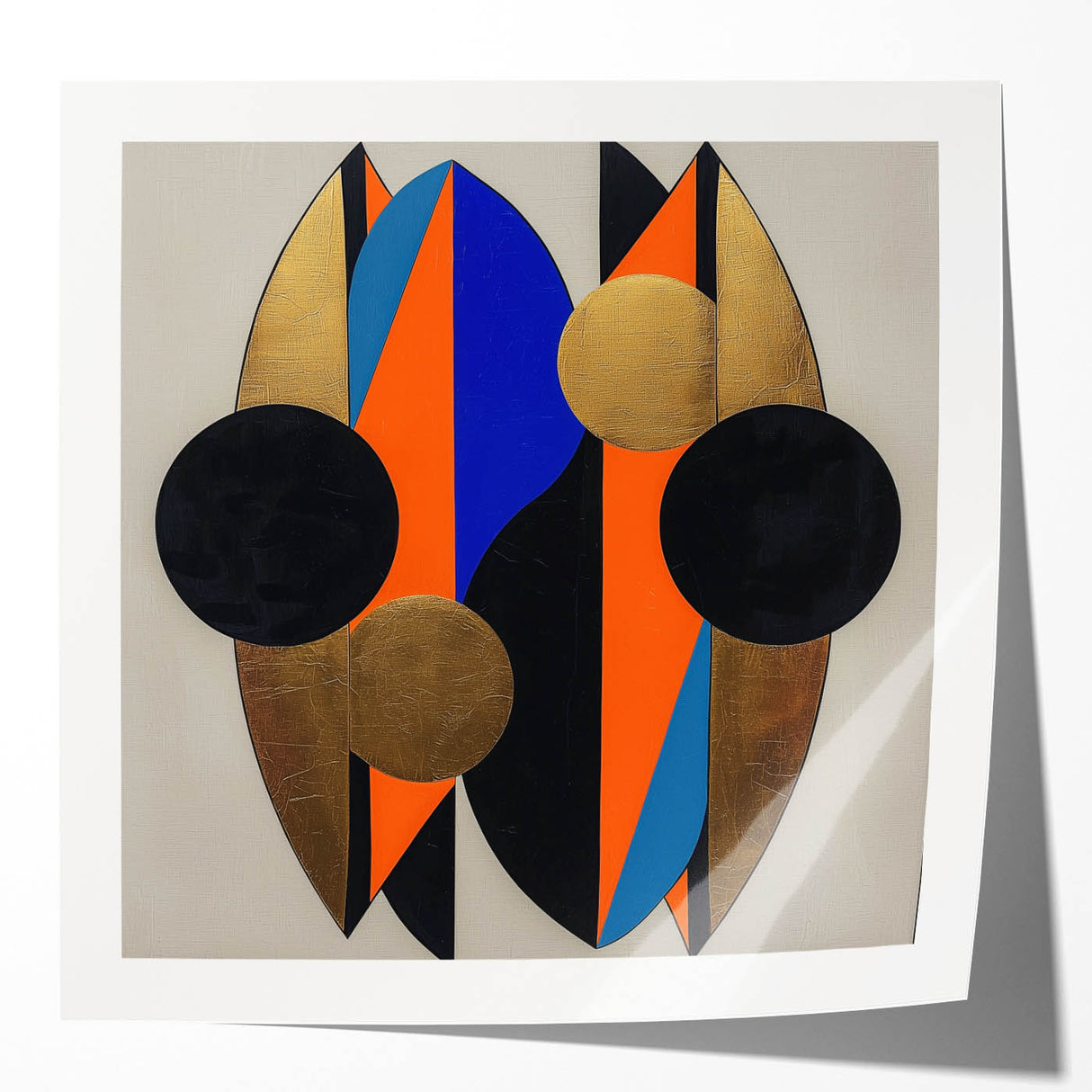 Abstract geometric photo print mockup featuring glossy, modern designs with vibrant colors, ideal for showcasing artwork in a stylish, contemporary setting.