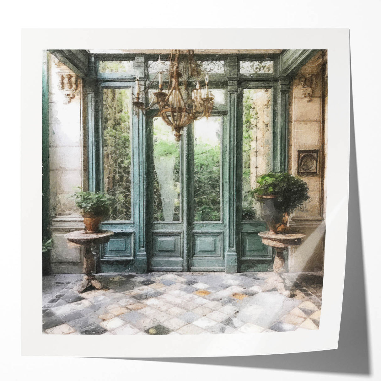 Extra large wall art featuring a detailed French door design with floral motifs, printed on glossy photo paper.
