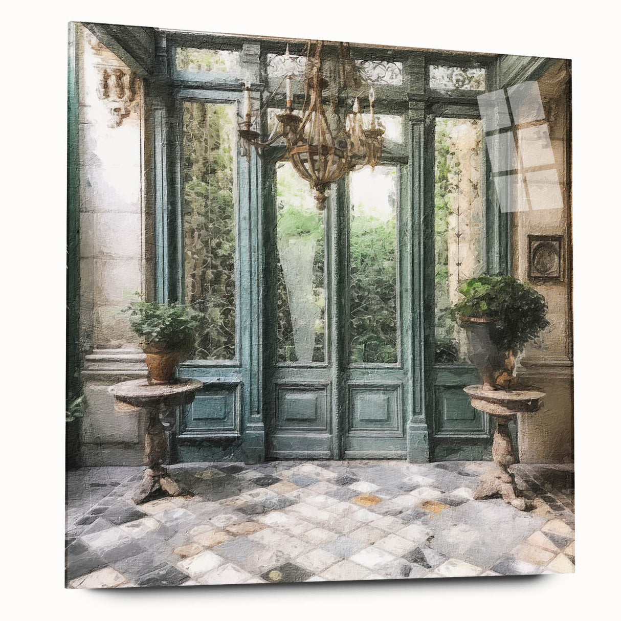 Acrylic glass print of a large abstract design featuring a French door architecture in muted earth tones.
