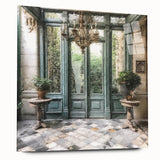 Acrylic glass print of a large abstract design featuring a French door architecture in muted earth tones.