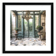 Extra large abstract art print featuring a colorful, textured door design in a black frame, ideal for living room decor.