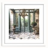 Abstract art print of a stylized French door in muted browns and whites on a framed canvas, suitable for dining room decor.