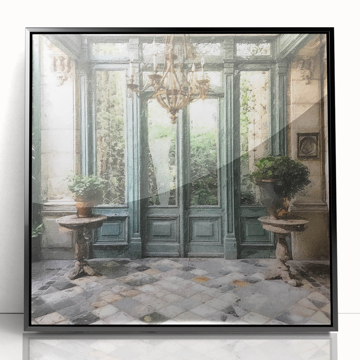 Large abstract wall art featuring geometric shapes in black and white on a framed acrylic.