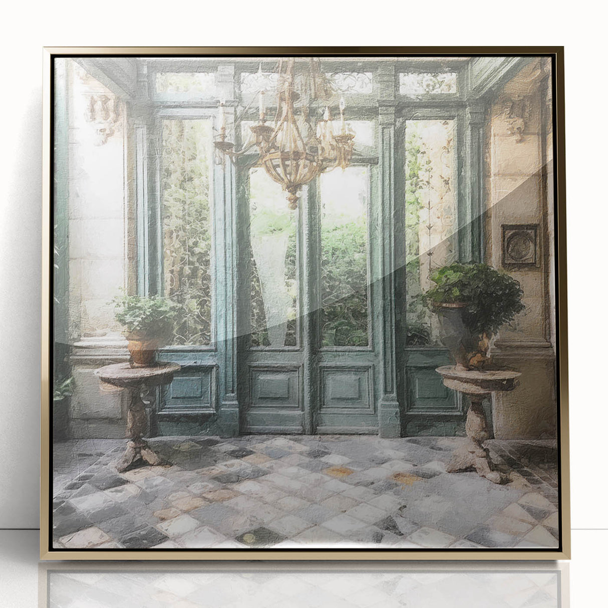 Mid-century modernist acrylic print of a French door architecture in gold tones, ideal for modern art wall decor.