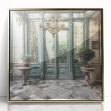 Mid-century modernist acrylic print of a French door architecture in gold tones, ideal for modern art wall decor.