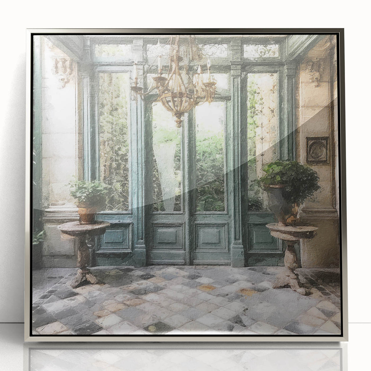 Mid-century modernist art featuring a silver-framed acrylic print of a French door architecture, ideal for nursery wall art.