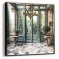 Black and white vintage poster art of a French door architecture on framed canvas, ideal for bedroom wall decor.